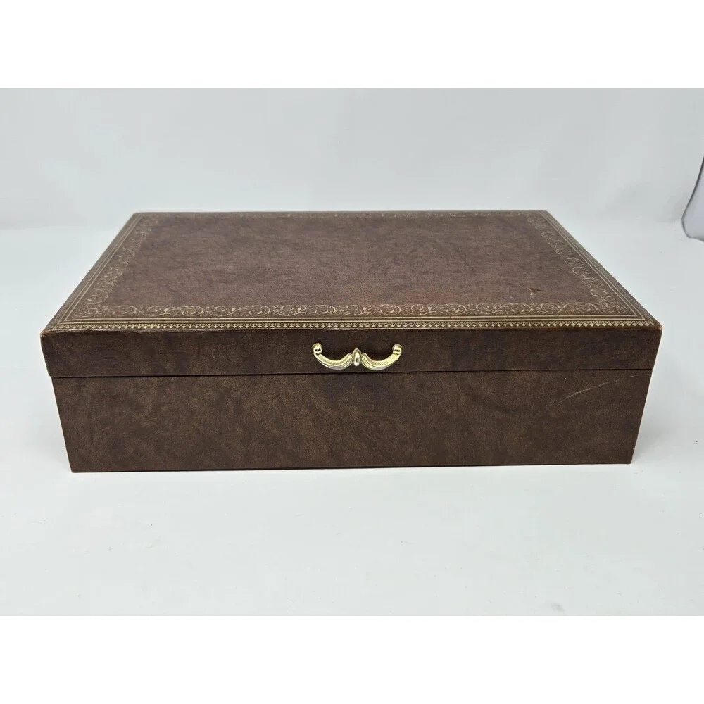 VINTAGE MELE TWO TIER BROWN FAUX LEATHER JEWELERY BOX GOLD FILIGREE CREAM VELVET